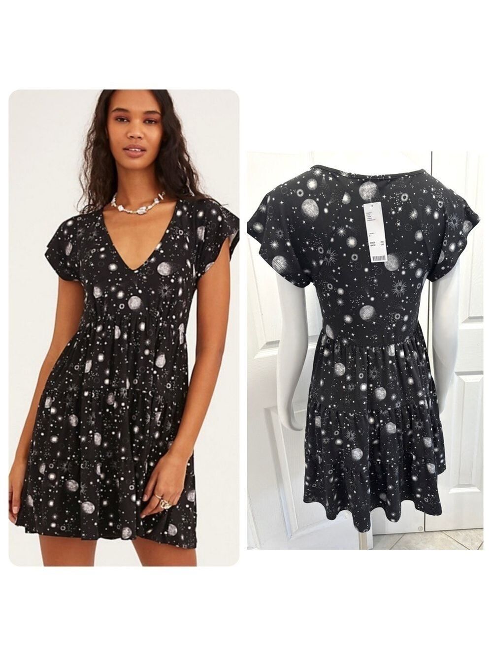 NWT Urban Outfitters Julia Tiered Frock Mini Dress Celestial Moon Stars Small
